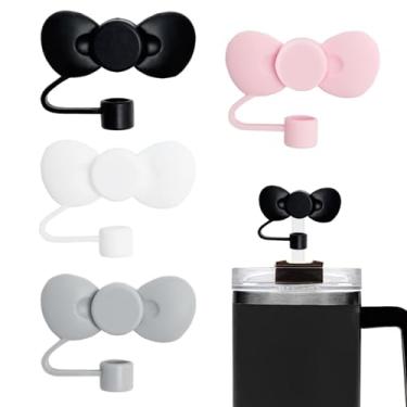 Imagem de 4 peças de capas de canudo de laço adoráveis compatíveis com copos Stanley de 30 e 1,134 g, protetores reutilizáveis e fofos de silicone para canudos StanleyCups de 10 mm