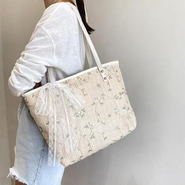 Imagem de Bolsa feminina de ombro de palha enfeitada com renda, bolsa elegante, espaçosa para telefone, carteira e itens essenciais, Bege