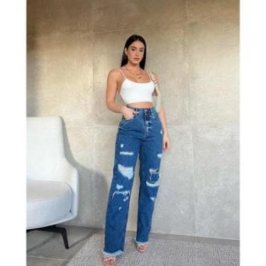 Imagem de Calça Jeans Wide Leg Feminina Cintura Alta Cowboy Rasgos 22883 Escura Consciência-Feminino