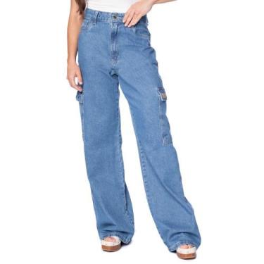 Imagem de Calça Jeans Feminina Max Denim Wide Leg Cargo Azul, Azul, 42