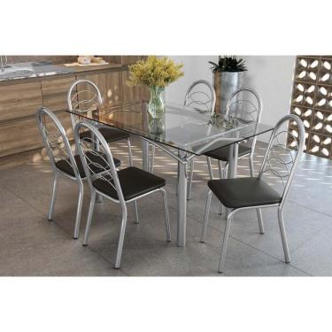 Imagem de Kit 6 Cadeiras Sala Jantar Elba C- Tampo De Vidro 150cm E 6 Cadeiras Holanda Cromada - Courano Preto - Kappesberg