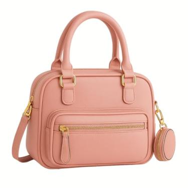 Imagem de Bolsa Feminina Baú Transversal Tiracolo com Alça de Ombro, em Couro PU, Modelo Quadrado com Porta Moedas Ideal para o Dia a Dia ou Trabalho (Rosa)