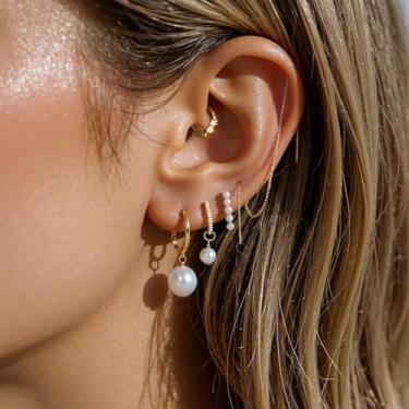 Imagem de Conjunto de brincos empilháveis de argola de zircônia cúbica com cruz de pérola e pingente de corrente longa com borla, presentes de amizade para mulheres, presentes de Natal