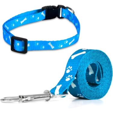 Imagem de Kit Passeio Premium para Pets, 7 Peças, Azul, Coleira e Guia em Nylon, Mordedor e Porta Saquinhos com 45 Unidades, Ajustável 28-48cm