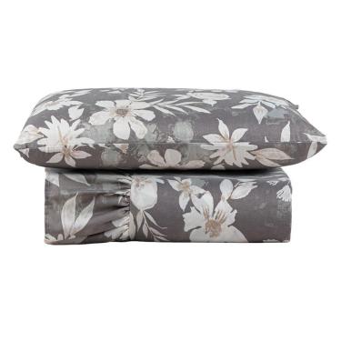 Imagem de Kit Cobre Leito Colcha Turin Solteiro Estampada C/ Babado 400 Fios 2 Peças Florido Flores Cinza