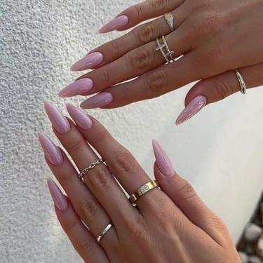 Imagem de Unhas de pressão em unhas postiças médias de amêndoa nude rosa com cola falsa, cobertura total, bastão falso artificial em unhas de acrílico para mulheres, 24 peças
