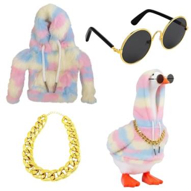 Imagem de MIRJXB Roupas de ganso de mesa, moletom com capuz de pelúcia doce com óculos de sol e corrente para ganso de mesa, mini roupas de ganso de 18 cm, decoração divertida de escritório e presente
