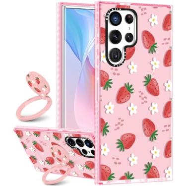 Imagem de Boaretiu Capa fofa Kawaii para Samsung Galaxy S24Ultra com suporte - Design de suporte de anel giratório adesivo de 360° para mulheres meninas e meninas para Samsung Galaxy S24Ultra, morango