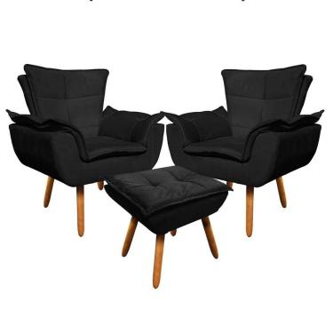 Imagem de Kit 2 Poltronas Decorativas Pés Palito Com Puff Opla Suede Preto - Ibiza