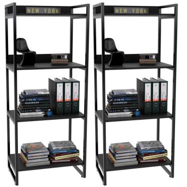 Imagem de Kit 2 Estantes Com 4 Prateleiras Escritório 146x60cm Preto