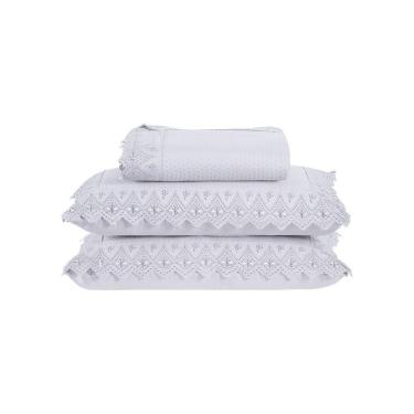 Imagem de Kit Colcha 3 Peças Queen Percal 300 Fios Bordado Inglês Home Madrid 100% Poliéster - Branco