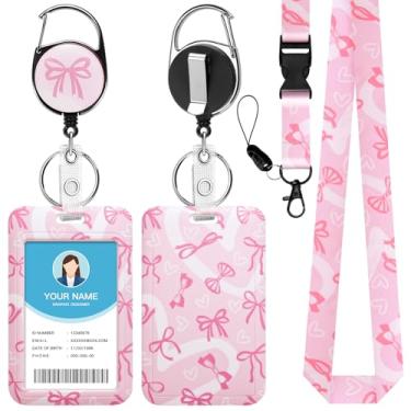 Imagem de Soleebee Porta-crachá de identificação com cordão, emblemas de identificação de laço rosa fofos e cordão destacável, chaveiro retrátil, carretel de crachá resistente para enfermeiras, estudantes