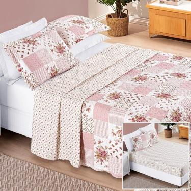 Imagem de Colcha + Jogo De Cama Bouti Estampado Casal 06 Peças 100% Poliéster - Rosa Matura