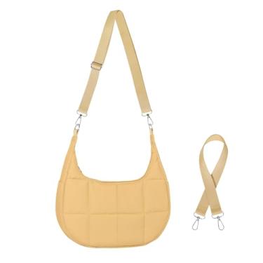 Imagem de Bolsas transversais inchadas para mulheres, bolsa de ombro crescente pequena, bolsa acolchoada de nylon para mulheres com 2 alças, Camelo, Small, Laticínios