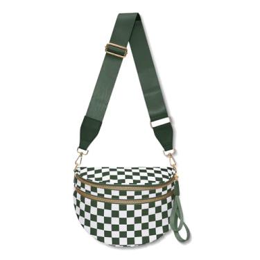 Imagem de Bolsas de bumbum para mulheres, bolsa transversal quadriculada grande de nylon para mulheres, bolsa quadriculada, pochete com cinto, Xadrez verde feijão, Bolsa transversal quadriculada