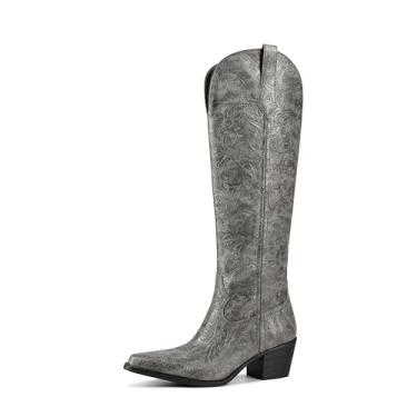 Imagem de GPXGPX Botas femininas caubói em relevo na altura do joelho, botas ocidentais, bico fino, confortável, salto grosso, puxar, montar, botas de cowgirl, Cinza, 41