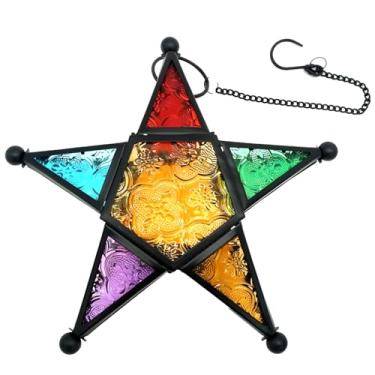 Imagem de Ornamentos de decoração de parede de estrela, lanterna de vidro feita à mão, suporte de vela em forma de estrela marroquina, decoração de parede interna com corrente suspensa para pátio e jardim