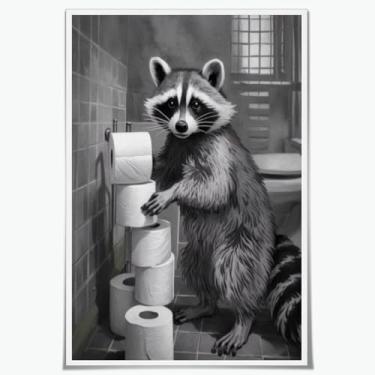Imagem de Arte engraçada de parede de banheiro guaxinim peculiar com pilha de papel higiênico pôster humorístico preto e branco animal pintura de parede para banheiro banheiro lavatório 20 x 30 cm sem moldura