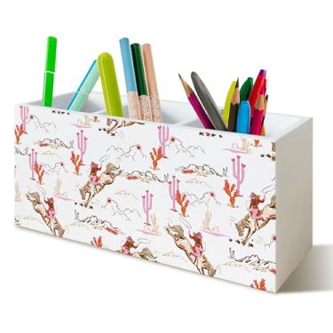 Imagem de YTRGI Suporte de caneta Cowgirl Western para decoração de mesa de escritório, suporte de lápis de madeira ocidental, organizador para acessórios de mesa de escritório em casa, presentes de vaqueira