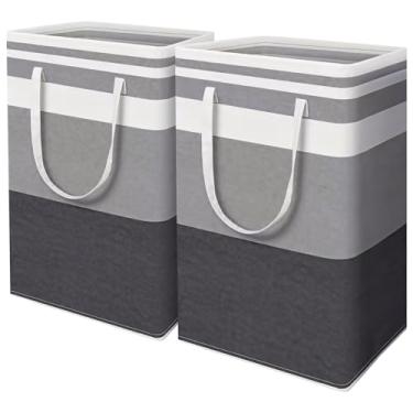 Imagem de Pacote com 2 cestos de roupa suja de tecido, cubos de armazenamento de 75 litros com alças longas, design listrado preto e cinza, caixas organizadoras de roupas dobráveis