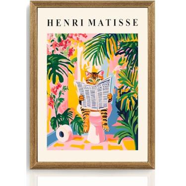 Imagem de ICHZUMW Arte de parede de banheiro de gato malhado engraçado, arte de pintura impressa em tela colorida emoldurada, imagem peculiar de leitura de animal, decoração de parede de dopamina rosa feminina