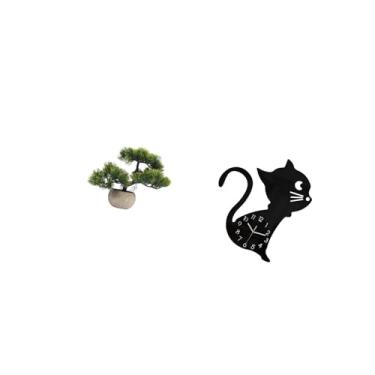 Imagem de Fenteer Bonsai Artificial em Forma de Gato, Relógio de Parede Fofo, Planta Artificial Decorativa, Folhagem Verdejante, Centro de Mesa Moderno com Desenho Anim