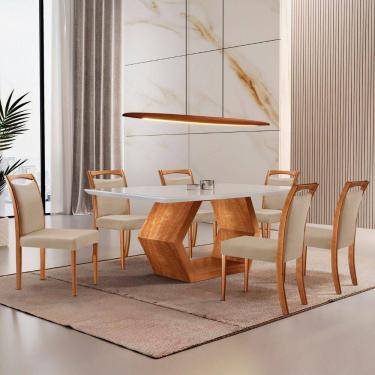 Imagem de Mesa Ane 180 Tampo Com Vidro Laqueado Com 6 Cadeiras Livia Linho Premuim Imbuia Natural Off White