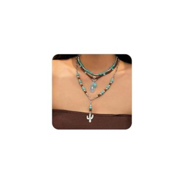 Imagem de Colares Boho em camadas para mulheres, colar de couro com contas turquesa ocidental, vintage, cacto, pingente, colares, concerto, vaqueira, acessório, Large, Liga de aço, Sem Pedra Preciosa