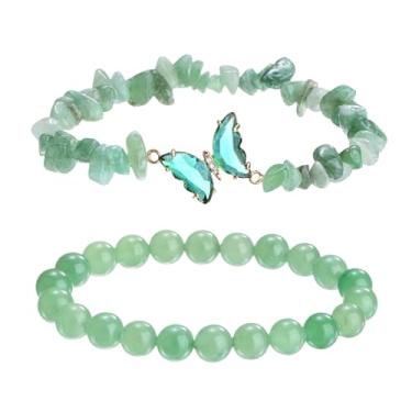Imagem de PATIKIL Pulseiras de cristal para mulheres, 2 peças, pulseira de contas de ametista natural com pingente de borboleta elástica para presentes de amizade de casal, verde claro