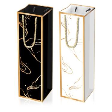 Imagem de Sacos de presente de vinho de 9 x 9 x 33 cm, 2 peças, sacolas de presente de garrafa de vinho, reutilizável com estampa de folha dourada, bolsa de vinho branco para festa de casamento, aniversário