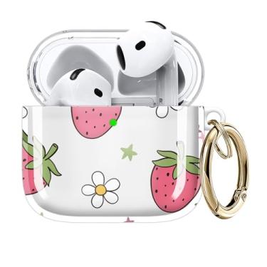 Imagem de Capa compatível com AirPods 4ª geração 2024, carregamento sem fio, à prova de choque, TPU macio transparente, amarelamento reduzido para AirPods 4, capas com chaveiro dourado (linda flor de morango)