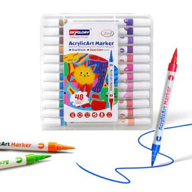 Imagem de SKYGLORY Conjunto de marcadores de acrílico com pincel de 48 cores, conjunto de canetas marcadoras de ponta dupla para pintura, desenho, artesanato (24)