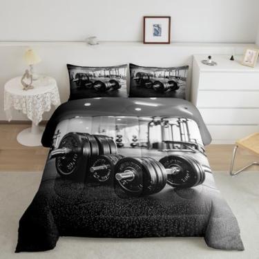 Imagem de Conjunto de edredom infantil solteiro para halterofilismo, ferramentas de exercícios, decoração de quarto de meninos e homens, sala de academia, jogos esportivos, edredom preto, 1 fronha