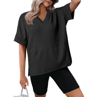 Imagem de Camisetas casuais Dokotoo  preta em malha waffle com decote em V