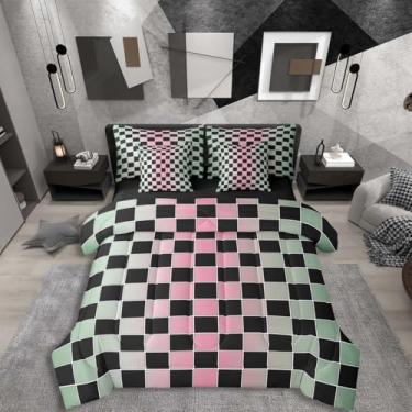 Imagem de Erosebridal Jogo de cama solteiro geométrico, xadrez, verde, rosa, ombré, 7 peças, lençol com lençol com lençóis, xadrez estético, para crianças e adultos, jogo de cama quadriculado preto gradiente