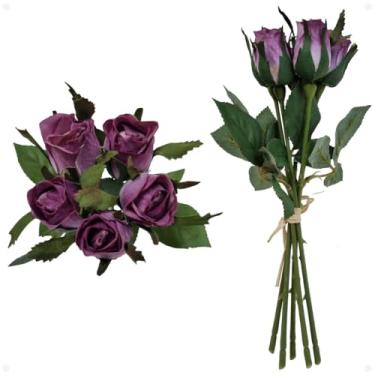 Imagem de Buquê de Mini Botão de Rosas Artificial Premium – Kit com 2 Arranjos Decorativos Realistas para Casa, Casamento e Festas(Lilás)