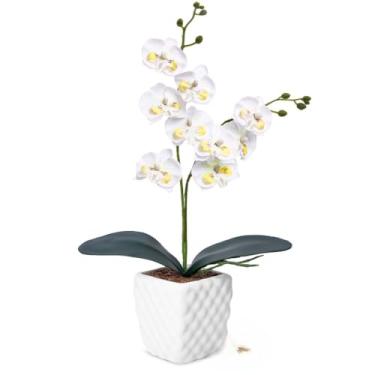 Imagem de Orquídea Artificial Realista com Vaso Arranjo de Flor Artificial Decoração de Mesa e Escritório(Branco)
