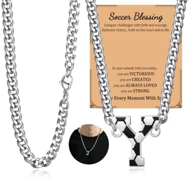 Imagem de NUKAYAI Colar de futebol com letra A a Z para homens, pingente de pingente de aço inoxidável, corrente de prata, acessórios de joias, material de 50,8 cm, colares personalizados, presentes de futebol