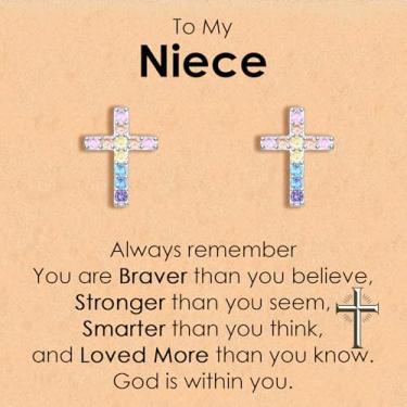 Imagem de CERSLIMO Brincos de cruz presentes para sobrinha, confirmação cristã, comunhão, batismo, católico, religioso, Natal, aniversário, presentes inspiradores para meninas, crianças, adolescentes e