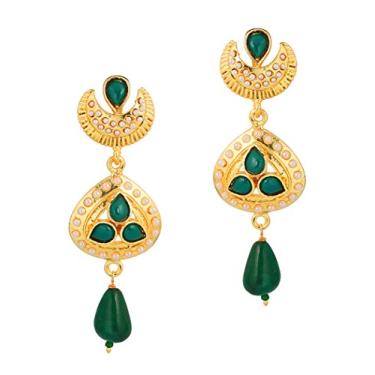 Imagem de Brincos de joia de designer de lustre longo com pérolas sintéticas de madeira de bollywood indiana em tom dourado da Touchstone