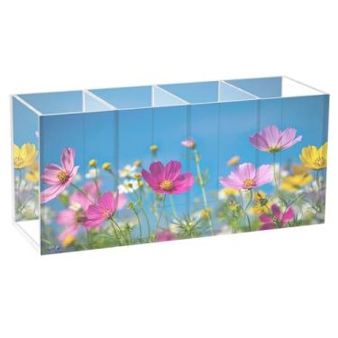 Imagem de SEHANY Porta-canetas de acrílico com flores silvestres coloridas, 4 compartimentos, porta-lápis transparente, organizador de pincéis de maquiagem, organizador de papelaria para escritório, casa