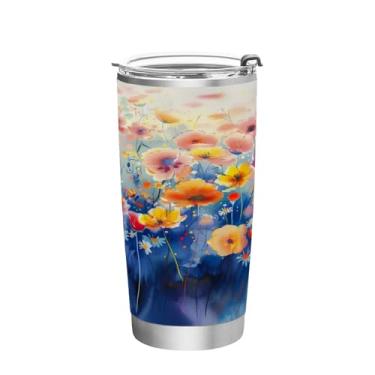 Imagem de Blueangle Copo de 590 ml com tampa e canudo, copo de café com água isolada a vácuo de aço inoxidável, caneca de viagem colorida com pintura em aquarela copo térmico para bebidas quentes e frias (854)