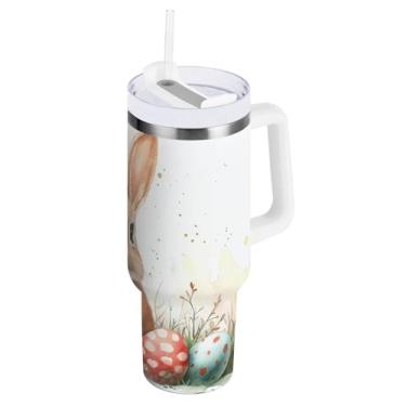 Imagem de ATTX Copo de coelho fofo da Páscoa de 850 g com alça, copo de aço inoxidável a vácuo de parede dupla com palha, caneca de café de viagem isolada #42