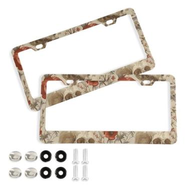 Imagem de SEHANY Molduras de placa de carro vintage rosa crânio, capas de alumínio à prova de ferrugem com furos elípticos e parafusos serve para veículos padrão dos EUA tamanho acessórios de carro para