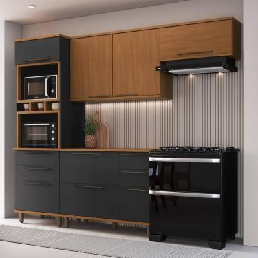 Imagem de Cozinha Modulada Compacta Fidelitá França 4 Peças 270cm 8 Portas 4 Gavetas Com Tampo Freijó/grafite