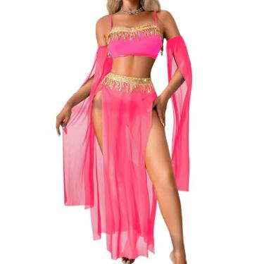 Imagem de ShawGobow Roupas de dança exóticas, saia de fenda alta, lingerie sexy para mulheres, fantasia de dança do ventre cosplay festival, Rosa choque, P