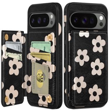 Imagem de Shorogyt Capa carteira para Google Pixel 10 Pro XL com suporte para cartão - Design de flor preta com suporte para fecho magnético traseiro Flip Folio Capas de telefone de couro para Pixel 10 Pro XL