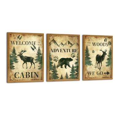 Imagem de RnnJoile Arte de parede de cabana vintage urso veado alce floresta imagens pintura rústica casa cabine decoração em verde, marrom 30,5 x 40,6 cm cada emoldurada