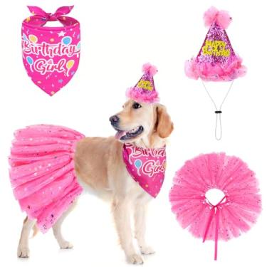 Imagem de SCENEREAL Bandana de aniversário para cães com chapéu e vestido para meninas, suprimentos de festa de aniversário para cães grandes, saia tutu fofa para cães médios e grandes, vermelho rosa GG
