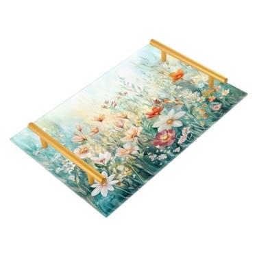 Imagem de Wassud Enchanting Flower Gardens Bandeja de banheiro com alças organizador de perfume de joias acrílicas para banheiro, quarto, cozinha, balcão 30 x 20 cm
